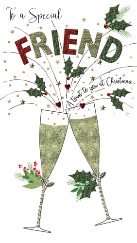 Help your customers celebrate cherished friendships this festive season with our delightful 'Friend' Christmas card, proudly brought to you by Second Nature. This eye-catching design features a vibrant, glitter-embellished 'To a Special FRIEND' message, surrounded by sparkling stars and festive holly. Below, two elegant champagne flutes clink in a joyful 'A toast to you at Christmas...' sentiment, making it the perfect way to share seasonal cheer. With its luxurious feel and celebratory theme, this card is a must-have for anyone wanting to send warm wishes to their special friends. Available in a wholesale pack of 6, it’s ready to brighten your shelves.