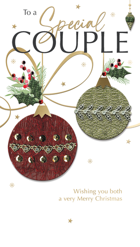 Send warm festive wishes to a beloved pair with this beautiful 'Special Couple' Christmas card from Second Nature. This exquisite design features two stunning, embellished baubles – one in rich red with sparkling gold hearts and sequins, and another in elegant green with a delicate silver and white motif. Adorned with classic holly, berries, and a graceful gold ribbon, the card conveys a heartfelt message: 'Wishing you both a very Merry Christmas'. The perfect choice for a special couple, these cards are supplied in a convenient pack of 6, ready to bring joy this holiday season.