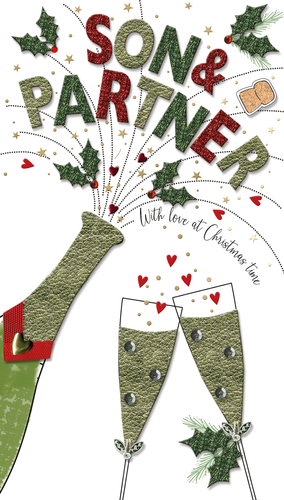 Help your customers celebrate a special couple this Christmas with our delightful "Son & Partner" card from Second Nature. This festive design captures the joy of the season, featuring a champagne bottle popping with glittery confetti, stars, and hearts, alongside two clinking flutes. The prominent "SON & PARTNER" text, crafted with a beautiful textured and glitter finish in classic red and green, truly stands out. Adorned with sparkling holly and the warm message "With love at Christmas time," this card is perfect for conveying heartfelt wishes. Offer your shoppers this charming and popular choice, available in a convenient pack size of 1x6, ready to add a touch of sparkle to their festive greetings.