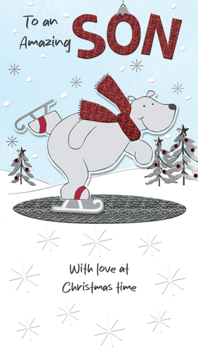 Prepare your shelves for the festive season with this delightful Christmas card for sons. It features a charming polar bear enjoying a skate in a snowy scene, complete with festive trees and falling snowflakes. The card's design is enhanced with a glittery red "SON" and a matching scarf on the bear, adding a touch of sparkle. With the heartfelt message "To an Amazing SON" and "With love at Christmas time," it's a wonderful choice for customers looking to send warm wishes. From Second Nature, this card is available in a convenient pack of 6, making it a great addition to your seasonal collection.