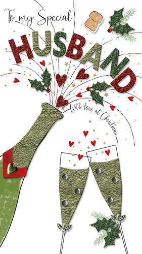 Celebrate your wonderful husband this Christmas with this truly special greeting card. This vibrant design features a champagne bottle popping with festive cheer, scattering glittery hearts and stars around the bold 'HUSBAND' lettering. Two elegant champagne flutes clink in celebration, surrounded by charming holly and pine details.
The heartfelt message 'To my Special Husband' and 'With love at Christmas' makes this card a perfect way to express your affection. Crafted with delightful textures and sparkling accents, it's a memorable choice for the festive season. This card is available in a convenient pack of 6.