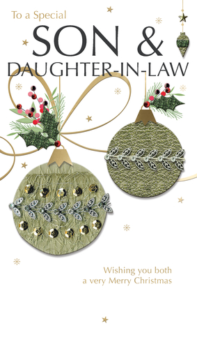 Help your customers celebrate their loved ones this festive season with this exquisite 'Son & Daughter In Law' Christmas card from Second Nature. The elegant design features beautifully textured green and gold baubles, adorned with sparkling sequins and intricate silver leaf embellishments. Delicate gold ribbon, festive holly, and scattered stars complete the sophisticated look on a clean white background. The card conveys a warm message on the front: "Wishing you both a very Merry Christmas." This charming card is perfect for conveying heartfelt festive cheer. Available in a wholesale pack of 6, it's a wonderful addition to any Christmas card collection.