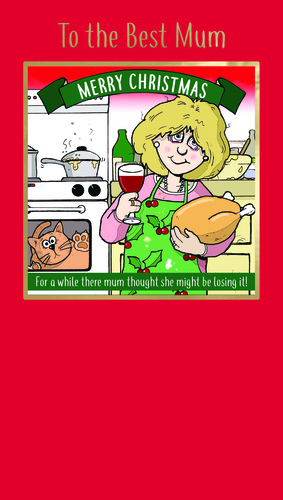 Make Mum's Christmas extra special and bring a smile to her face with this wonderfully relatable card from Second Nature. Perfect for the mum who juggles everything during the festive season, this card features a humorous illustration of a busy mum, wine in hand, with a perfectly cooked turkey – and a cheeky cat peeking from the oven!

With the heartfelt message 'To the Best Mum' and a playful 'For a while there mum thought she might be losing it!', it perfectly captures the joyful chaos of Christmas. This charming card is sure to resonate with customers looking for something unique and funny for their amazing mums. Available in a convenient pack size of 1x6, it's an ideal addition to your festive card selection.