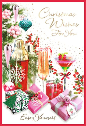 Add a touch of festive glamour to your Christmas card selection with this stunning design from Simon Elvin. Featuring a vibrant array of pink and gold gifts, sparkling cocktails, and elegant Christmas decorations, this card radiates joy and celebration. The stylish 'Christmas Wishes For You' message, complemented by 'Enjoy Yourself', makes it perfect for sending warm, contemporary greetings to any special woman. Its eye-catching design and modern colour palette are sure to stand out on any display. Each pack contains 6 beautifully crafted cards, ready to delight your customers this festive season.