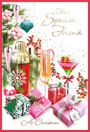 Introduce a touch of festive glamour to your Christmas card collection with our 'Friend Female' card from Simon Elvin. This beautifully illustrated card is designed to delight, featuring an elegant array of Christmas cocktails, sparkling gifts, and classic decorations in a chic palette of pinks, reds, and gold.
The heartfelt message, 'For a Special Friend At Christmas', makes it the perfect choice for customers looking to send warm wishes to their closest female friends. With its contemporary design and sophisticated details, this card stands out on any display. Each pack contains 6 cards, ensuring you're well-stocked for the festive season. Offer your customers a truly special way to celebrate friendship this Christmas!
