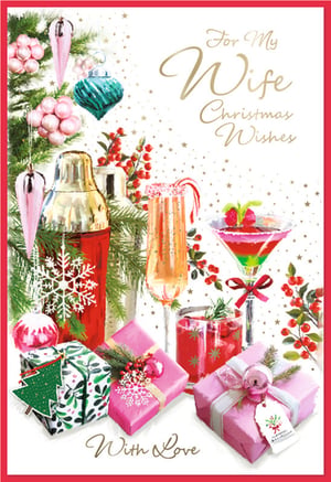 Presenting the exquisite 'Wife' Christmas card, a truly elegant choice from Simon Elvin. This festive design captures the spirit of celebration with its sparkling cocktails, beautifully wrapped gifts in charming pink and green hues, and delicate Christmas tree ornaments. Golden accents and scattered stars add a touch of luxury, perfectly complementing the heartfelt message: 'For My Wife Christmas Wishes With Love'. It's an ideal card for customers seeking to convey deep affection during the festive season. Stock up with ease; this stunning card is available in a convenient pack size of 1x6.