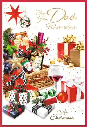 Celebrate Dad this Christmas with this truly heartwarming card from Simon Elvin. This beautifully designed card, featuring the product name 'Dad', captures the festive spirit perfectly. It showcases a lavish scene brimming with thoughtfully wrapped gifts, a delightful Christmas hamper, and a welcoming glass of red wine. Adorned with sparkling stars, festive baubles, and traditional holly, the elegant artwork is set against a pristine white background, conveying warmth and love. Available in a convenient pack size of 1x6, these cards are ideal for retailers looking to offer their customers a special way to express their affection this holiday season. A wonderful choice to make Dad's Christmas unforgettable.