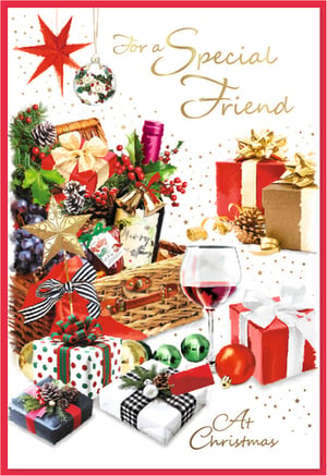 Spread festive cheer with our 'Friend Male' Christmas card, designed to convey warmth and appreciation to a special friend. This enchanting card showcases a lavish illustration of a Christmas hamper brimming with gifts, a bottle of wine, and seasonal delights like holly and pinecones. Beautifully wrapped presents, sparkling baubles, and a glass of red wine complete the joyful scene, all set against a backdrop of golden stars. The elegant gold script reads 'For a Special Friend' and 'At Christmas'. From Simon Elvin, these cards are available in a convenient pack of 6, offering a wonderful option for your customers to share heartfelt greetings this holiday season.