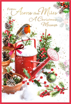 Bring the warmth of Christmas to your customers with the enchanting 'Across The Miles' Christmas card, proudly supplied by Simon Elvin. This delightful design captures the essence of a traditional festive season, featuring a charming robin perched on a snow-dusted red watering can. Surrounded by classic Christmas foliage, including pine cones, vibrant holly, and bright red berries, it evokes a heartwarming winter scene. The elegant gold lettering beautifully conveys 'From Across the Miles A Christmas Message,' making it the perfect choice for sending love to those far away. Available in a convenient pack size of 1x6, these cards are an ideal addition to your seasonal greeting card selection, promising to be a popular choice for your customers.