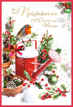 Spread festive cheer to your customers' neighbours this Christmas with these delightful cards from Simon Elvin. Our 'Neighbours' Christmas cards feature a truly charming scene, perfect for sending warm wishes. A friendly robin perches on a snow-dusted red watering can, surrounded by classic festive elements like holly, bright red berries, and natural pine cones. The crisp white background, sprinkled with golden stars, adds a touch of magic. Each card conveys 'A Christmas Message' in elegant gold script. Available in a convenient pack of 6, these beautiful cards are sure to be a popular choice for thoughtful customers looking to connect with their community this holiday season.