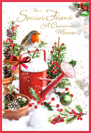 Share the warmth of the season with this enchanting Christmas card, perfect for a special friend. From Simon Elvin, this delightful design features a cheerful robin perched on a snow-dusted red watering can, surrounded by festive holly, bright red berries, and natural pine cones. The charming scene captures the magic of a winter garden, making it an ideal way to send a heartfelt 'Christmas Message'.
Each card is beautifully crafted, offering a touch of traditional charm. Stock up your shelves with this popular 'Friend' card, available in a convenient pack size of 1x6. It's a wonderful addition to any festive collection, sure to bring smiles to your customers.