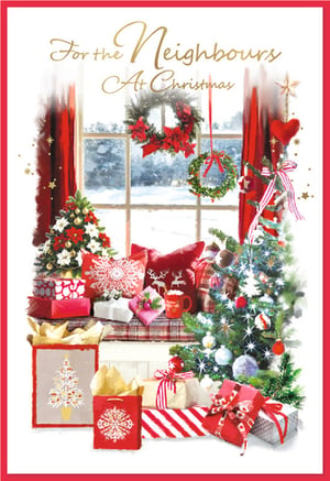 Offer your customers a truly heartwarming way to send festive wishes with our "Neighbours" Christmas card, from trusted supplier Simon Elvin. This delightful design captures the essence of a traditional Christmas, featuring a cosy window scene overlooking a snowy landscape. Adorned with festive wreaths, twinkling Christmas trees, and a generous display of beautifully wrapped gifts, it evokes warmth and generosity. The elegant gold script "For the Neighbours At Christmas" adds a touch of class. Supplied in a convenient pack of 6, this charming card is a perfect choice for customers seeking to share seasonal cheer with their neighbours. A popular addition to any Christmas card collection.
