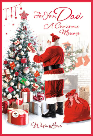 Make Dad's Christmas extra special with this heartwarming card from Simon Elvin. Featuring a charming scene of Santa Claus adding the finishing touches to a beautifully decorated Christmas tree, surrounded by festive presents, it perfectly captures the magic of the season. The thoughtful message, 'For You, Dad A Christmas Message With Love', makes it an ideal choice for showing appreciation. This delightful card is sure to bring a smile to any Dad's face. Available in a convenient pack of 6, it's a wonderful addition to your festive card selection.