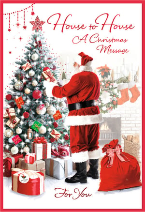 Spread festive cheer with the charming "House to House" Christmas cards from Simon Elvin. This beautiful design perfectly captures the warmth and magic of the season, featuring Santa Claus diligently decorating a stunning Christmas tree, laden with sparkling ornaments and presents. A cosy fireplace, complete with hung stockings, adds to the traditional festive scene in the background. Each card conveys a heartfelt "House to House A Christmas Message For You," making it ideal for sending warm wishes to friends and family. Available in a convenient pack of 6, these cards are a must-have for your seasonal stock, helping your customers share the joy of Christmas.