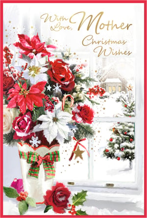 Send heartfelt Christmas wishes to Mum with this truly beautiful card from Simon Elvin. This exquisite design features a stunning festive floral arrangement of rich red roses, elegant white poinsettias, and classic holly, all nestled in a charming vase adorned with a festive bow. The scene is set against a picturesque snowy window, revealing a cosy cottage and a delightful robin perched on a snow-dusted Christmas tree.

The elegant gold script on the card reads "With Love, Mother Christmas Wishes," making it the perfect way to convey warmth and appreciation during the festive season. Each pack contains 6 cards, ensuring you're well-stocked with this special design. A wonderful choice for your Christmas card selection.