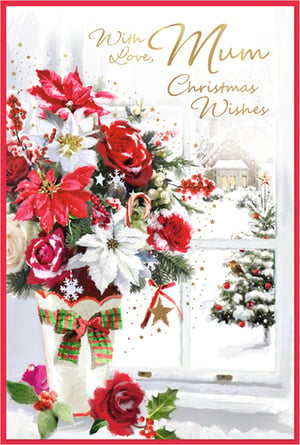 Presenting the 'Mum' Christmas card, a truly heartwarming choice for your festive collection. This exquisite design features a stunning arrangement of traditional red and white poinsettias, roses, and holly, beautifully dusted with snow. Through a picturesque window, a serene snowy landscape unfolds, complete with a cosy cottage and a cheerful robin perched on a snow-laden Christmas tree. The elegant gold script, 'With Love, Mum Christmas Wishes', adds a touch of luxury and heartfelt sentiment. This card offers a beautiful way for customers to show their Mum how much she means to them during the most wonderful time of the year. Available in convenient packs of 6.