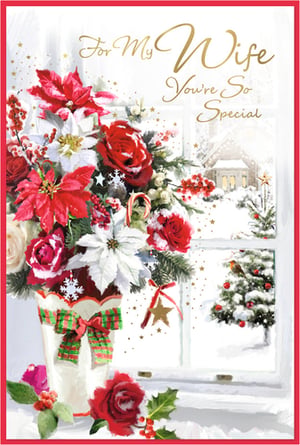 Show your wife how truly special she is this Christmas with this enchanting card from Simon Elvin. Featuring a stunning festive floral display, complete with vibrant red poinsettias, roses, and winter berries, it evokes warmth and love. The charming scene through the window reveals a peaceful snowy landscape, a cosy cottage, and a little robin perched on a decorated Christmas tree, adding to the magical winter atmosphere. Finished with elegant gold lettering, this card beautifully conveys your heartfelt message. Perfect for retailers looking to offer a truly beautiful and sentimental option for wives this holiday season. Available in a convenient pack of 6.