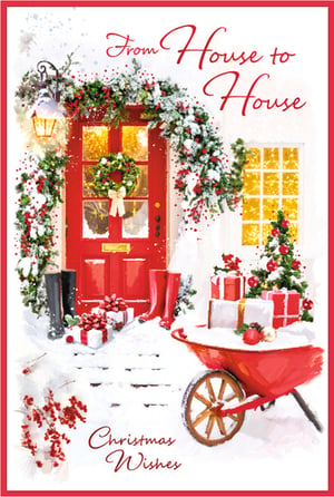 Bring festive cheer to your customers with our delightful 'House to House' Christmas cards from Simon Elvin. This charming design beautifully captures the magic of a snowy Christmas doorstep, featuring a welcoming red door adorned with a festive wreath and twinkling garland.
Presents are piled high on the snow-covered steps and in a classic red wheelbarrow, alongside cosy wellington boots, adding to the heartwarming scene. The warm glow from the windows and lantern creates an inviting atmosphere, perfect for sending 'Christmas Wishes'. Each pack contains 6 wonderful cards, ideal for spreading joy and goodwill this holiday season.