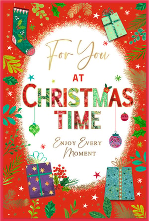Spread festive cheer this season with our delightful 'For You At Christmas Time' card! This vibrant design features a rich red background adorned with classic Christmas motifs, including a charming stocking, beautifully wrapped gifts, sparkling baubles, and lush green foliage. The intricate details in gold and green truly pop, creating a wonderfully eye-catching card. With its heartfelt message, 'Enjoy Every Moment', it's the perfect way to send warm wishes and celebrate the holidays with any special woman. Designed to bring joy and sparkle, this card is sure to make her Christmas extra memorable. An ideal choice for your festive greetings.