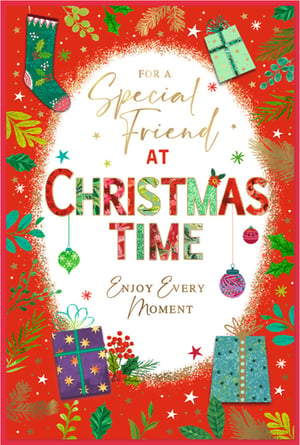 Celebrate the festive season with your dearest female friends with this enchanting Christmas card. Adorned with a vibrant red background, it features a delightful array of traditional Christmas elements, including a charming stocking, beautifully wrapped gifts, and sparkling baubles, all nestled amongst lush green foliage and golden accents.
The heartfelt message, 'For a Special Friend at Christmas Time, Enjoy Every Moment,' is elegantly presented in a mix of gold script and festive patterned lettering, making it truly stand out. This card is perfect for conveying warm wishes and spreading joy. Available in a convenient pack of 6, ensuring you have plenty of thoughtful greetings for all your special friends this Christmas.