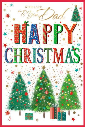 Offer your customers the perfect way to celebrate Dad this Christmas with this delightful card from Simon Elvin. This 'Dad' Christmas card boasts a vibrant and festive design, featuring bold, patterned 'HAPPY CHRISTMAS' lettering in traditional reds, greens, and blues. The cheerful scene is completed with three beautifully decorated Christmas trees, nestled amongst sparkling gifts and a scattering of golden confetti, stars, and snowflakes. An elegant 'WITH LOVE To You, Dad' message adds a personal touch. This eye-catching card is designed to bring joy and warmth, making it an ideal choice for sons and daughters looking to show their appreciation. Supplied in a convenient pack of 1x6, it's a wonderful addition to your seasonal greeting card display.