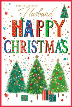 Make his Christmas truly special with this delightful 'Husband' Christmas card from Simon Elvin. Designed with love, this card features a vibrant and festive scene, perfect for conveying warm holiday wishes. Three beautifully decorated Christmas trees, adorned with sparkling baubles and lights, stand proudly alongside charmingly wrapped gifts. A scattering of golden dots, stars, and snowflakes adds a touch of magic to the crisp white background. The heartfelt message, 'FOR MY AMAZING Husband HAPPY CHRISTMAS', is presented in an elegant gold script and playful, patterned lettering, making it truly stand out. This eye-catching design offers a wonderful way for customers to express their love. Available in convenient packs of six, it's a must-have for your festive card selection.