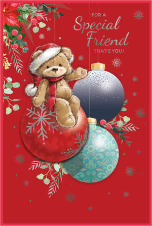 Brighten someone's Christmas with this utterly charming 'Friend Female' card from Simon Elvin. Featuring an adorable teddy bear in a Santa hat and scarf, perched playfully on a festive red bauble, this design is sure to bring a smile. The heartwarming message, "FOR A Special Friend THAT'S YOU!", makes it the perfect choice for showing appreciation to a dear female friend during the festive season.
Rich red tones, elegant silver snowflakes, and beautiful Christmas foliage, including poinsettias and berries, complete this delightful illustration. The card also showcases beautifully detailed baubles in complementary blue and teal shades. Stock up on this lovely design, available in a convenient 1x6 pack, and offer your customers a truly special way to connect with their friends this Christmas.