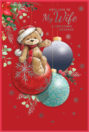 Make her Christmas truly special with this enchanting 'Wife' Christmas card from Simon Elvin. This delightful design features an adorable teddy bear, complete with a Santa hat and scarf, sitting playfully atop a festive red bauble. Surrounded by elegant Christmas foliage, shimmering ornaments, and delicate snowflakes, the card exudes warmth and holiday spirit. The prominent message, 'WITH LOVE TO My Wife A CHRISTMAS MESSAGE', ensures a heartfelt sentiment. Perfect for retailers, these beautiful cards are available in a convenient pack of 6, offering a wonderful choice for customers seeking a truly special way to express their love this festive season.