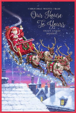 Capture the magic of Christmas with our enchanting 'House to House' Christmas cards. This festive design features a classic scene of Santa Claus soaring across a starlit, deep blue sky in his sleigh, pulled by his trusty reindeer, above a charming snow-covered village. The sparkling glitter detailing beautifully highlights the heartfelt message: 'Christmas Wishes From Our House To Yours, Enjoy Every Moment'. These cards are perfect for customers looking to send warm, traditional greetings this holiday season. Supplied by trusted brand Simon Elvin, each pack contains 6 delightful cards, making them a wonderful addition to any Christmas card selection.