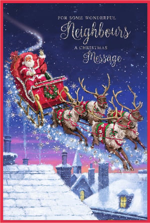 Share the magic of Christmas with this delightful card from Simon Elvin. Perfect for sending warm festive wishes to wonderful neighbours, it features a classic illustration of Santa Claus in his sleigh, pulled by reindeer, soaring over snow-covered rooftops under a starlit sky. The design captures the spirit of the season with its sparkling details and rich colours. Each pack contains 6 of these charming 'Neighbours' cards, making it easy to stock up for the festive period. A lovely choice for spreading holiday cheer.