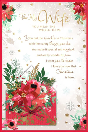 This enchanting Christmas card for your Wife, from Simon Elvin, is the perfect way to express your love this festive season. Adorned with beautiful festive florals, including rich red poinsettias and delicate holly, it features a heartfelt message in elegant gold script: 'You mean the world to me... You put the sparkle in Christmas... I love you now that Christmas is here.' The charming envelope design adds an extra touch of magic, making this a truly special card for a truly special wife. Available in a convenient pack of 6.