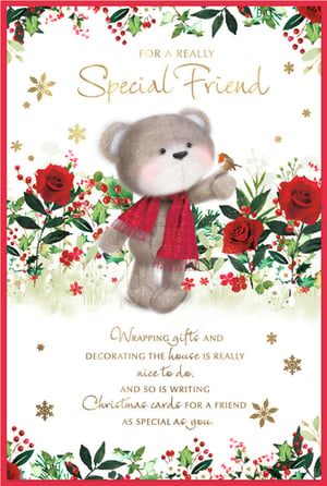 Delight your customers with this charming 'Special Friend' Christmas card from Simon Elvin. Featuring an adorable teddy bear in a festive red scarf, gently holding a robin, this card is beautifully framed by lush holly, vibrant red roses, and sparkling snowflakes. The heartwarming message on the front reads 'FOR A REALLY Special Friend', perfectly complemented by the thoughtful verse inside: 'Wrapping gifts and decorating the house is really nice to do, and so is writing Christmas cards for a friend as special as you.' Ideal for female friends, this lovely design captures the true spirit of the season. Available in a convenient pack of 6, it’s a wonderful addition to your festive card selection.