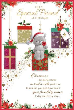 Celebrate the special bond with a dear friend this Christmas with our charming 'Friend Female' Christmas card. This beautifully designed card features an adorable grey teddy bear in a Santa hat, holding a delicate red rose, perched atop a festive gift box. Adorned with elegant gold lettering, sparkling accents, and traditional holly and poinsettia details, it truly captures the spirit of the season. The heartfelt message inside reads: 'Christmas is the perfect time to send a wish your way, To remind you just how much your friendship means, today and every day...' From Simon Elvin, this card is a wonderful way to show appreciation and spread festive cheer to a cherished female friend.