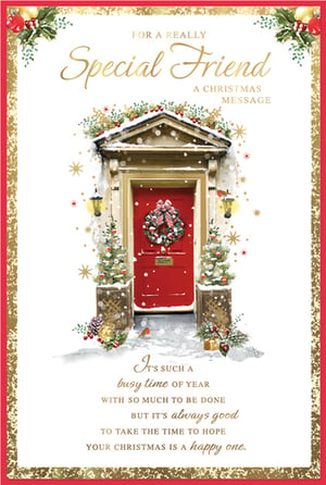 Offer your customers a truly special way to connect this Christmas with this beautiful card from Simon Elvin. Designed for a 'Special Friend', it features a delightful snowy scene with a classic red front door, adorned with a festive wreath and charming mini Christmas trees. The warm, traditional artwork, complete with a little robin, captures the magic of the season. Inside, the thoughtful message acknowledges the busy festive period while wishing a wonderfully happy Christmas. Supplied in packs of 6, these cards are a perfect addition to your seasonal collection, ready to bring cheer to any friend.