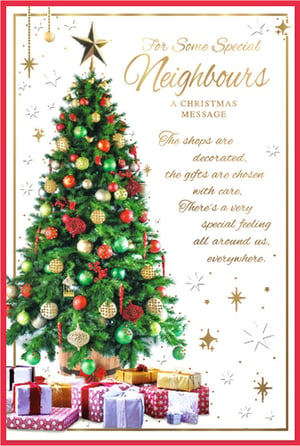 Send warm festive wishes to your neighbours this Christmas with this beautiful card from Simon Elvin. Featuring a wonderfully decorated Christmas tree laden with colourful baubles and surrounded by presents, it perfectly captures the spirit of the season. The elegant design includes a heartfelt message: "The shops are decorated, the gifts are chosen with care, There's a very special feeling all around us, everywhere." This lovely card is ideal for showing appreciation to those who live nearby. Each pack contains 6 identical cards, making it easy to spread cheer throughout your neighbourhood. A thoughtful way to connect and share the joy of Christmas.