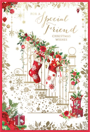 Celebrate the festive season with our exquisite 'Friend Female' Christmas card, perfect for showing appreciation to those special women in your life. From the renowned Simon Elvin collection, this card boasts a truly enchanting design.
Adorned with lush red roses, festive holly, and delicate pine branches, the elegant gold staircase railing sets a magical scene. Two charming Christmas stockings, brimming with gifts, hang gracefully, while sparkling snowflakes and baubles add a touch of winter wonder. The heartfelt message, 'FOR A Special Friend CHRISTMAS WISHES,' is beautifully scripted in shimmering gold.
Offer your customers a truly memorable way to send their warmest greetings. These premium cards are supplied in convenient packs of six, making them an ideal addition to your seasonal stock.