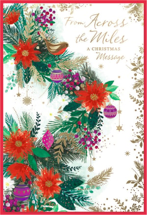 Send heartfelt Christmas wishes across any distance with our beautiful 'Across The Miles' Christmas cards. This stunning design features a vibrant festive garland, adorned with classic red poinsettias, lush green foliage, and charming purple berries. A sweet robin redbreast perches gently amidst sparkling golden accents and delicate baubles, creating a truly enchanting scene. Perfect for reaching out to loved ones far away, these cards convey warmth and festive cheer. Each card is crafted with care, ensuring a memorable message. Available in a convenient pack of 6, making it easy to share the joy this holiday season. From Simon Elvin.