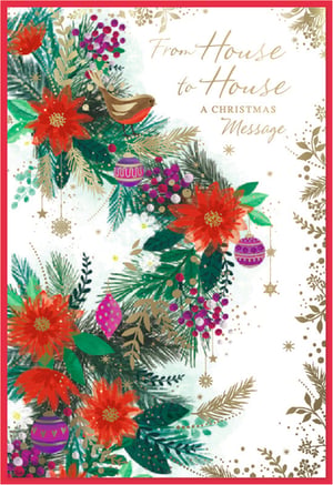 Bring festive cheer to your customers with our delightful 'House to House' Christmas cards from Simon Elvin. This charming design features a beautifully illustrated Christmas garland, bursting with vibrant red poinsettias, lush green fir, and sparkling gold foliage. A sweet robin perches amongst the rich berries and colourful baubles, adding a touch of traditional warmth. The elegant 'From House to House A Christmas Message' sentiment makes it perfect for sharing heartfelt greetings this season. Each card is a miniature work of art, sure to stand out on any display. Available in a convenient pack of 6, these cards are an essential addition to your seasonal stationery collection.