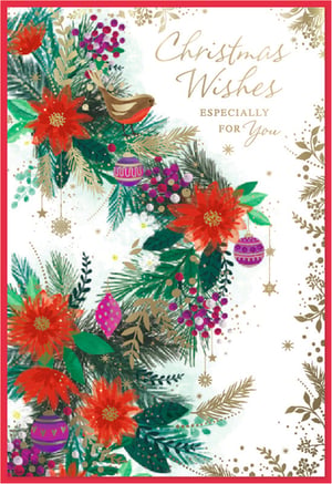 Bring festive cheer to your customers with this beautiful 'Open' Christmas card from Simon Elvin. Each pack contains 6 stunning cards, perfect for spreading holiday joy.

The design features a vibrant array of traditional Christmas elements, including lush green fir branches, rich red poinsettias, and delicate golden foliage. Adorned with charming purple berries, sparkling baubles, and a sweet little robin, this card truly captures the spirit of the season. The elegant gold script wishing "Christmas Wishes ESPECIALLY FOR You" adds a personal touch. With its delightful blend of classic motifs and a contemporary artistic style, this card is sure to be a popular choice for sending warm greetings.