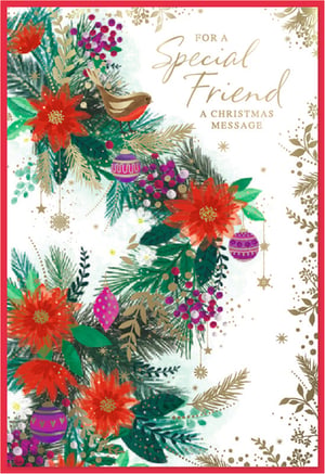 Spread festive cheer this Christmas with our beautiful 'Friend' Christmas card from Simon Elvin. This delightful card features a stunning design of lush green foliage, vibrant red poinsettias, sparkling gold accents, and charming purple berries. A sweet robin perched amongst the branches adds a touch of classic Christmas charm. Complete with decorative baubles and a warm message 'For a Special Friend', it's perfect for showing appreciation to those closest to us during the holiday season. Each pack contains 6 high-quality cards, ensuring you're well-stocked for your customers. A truly lovely card to add to your festive collection.