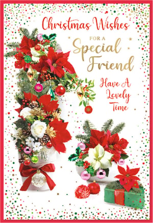 Send heartfelt Christmas wishes to a cherished friend with this beautiful card from Simon Elvin. Adorned with stunning festive arrangements, including vibrant poinsettias, lush fir branches, and delicate white flowers, it perfectly captures the true spirit of the season. Sparkling baubles in red, gold, pink, and green add a touch of festive cheer, all set against a delightful confetti background.
The warm message, "Christmas Wishes FOR A Special Friend Have A Lovely Time", makes it the perfect way to show you care. Designed specifically for female friends, this delightful card is sure to bring a smile. Each pack contains 6 cards, ready to spread joy this Christmas.