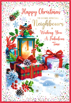 Send warm festive wishes with our delightful 'Neighbours' Christmas card from Simon Elvin. This charming design captures the spirit of the season with a glowing lantern, beautifully wrapped gifts, and traditional holly and pinecones nestled in a sparkling snowy scene. Delicate snowflakes and colourful confetti add an extra touch of magic and cheer. The heartfelt message, "Happy Christmas to some special Neighbours, Wishing You A Fabulous Time," makes it the perfect way for your customers to spread holiday joy. Stock up on this popular design, available in a convenient pack of 6. A truly wonderful choice for showing appreciation to those nearby this Christmas.