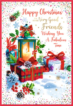 Spread festive cheer to your nearest and dearest with our charming 'Friends' Christmas card. This delightful design captures the magic of the season, featuring a warm, glowing lantern surrounded by beautifully wrapped gifts, traditional holly, and frosted pinecones, all set against a sparkling snowy backdrop.

The heartfelt message, 'Happy Christmas to some Very Good Friends Wishing You A Fabulous Time', makes it the perfect way to show you care. Stock up for the festive period with this wonderful card, available in a convenient pack of 6. A truly special choice for your valued customers.