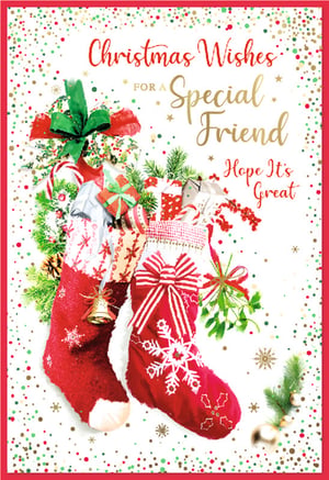 Send the warmest Christmas wishes to a special female friend with this enchanting card! Adorned with beautifully detailed red stockings overflowing with festive gifts, candy canes, and lush greenery, it captures the true spirit of the season. The elegant design is complemented by a scattering of joyful confetti and a heartfelt message: 'Christmas Wishes for a Special Friend, Hope It's Great'. It's the perfect way to show appreciation and spread cheer. This delightful card is sure to bring a smile to any friend's face, making it an ideal addition to your Christmas card selection. Available in convenient packs of 6.