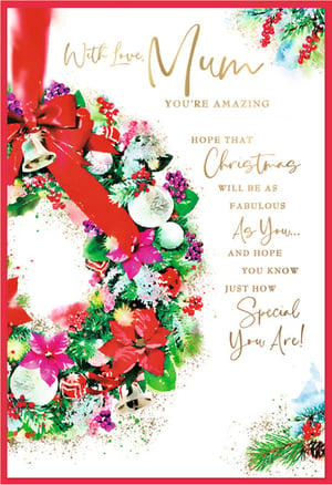 Show Mum just how amazing she is this Christmas with this truly beautiful card from Simon Elvin. Featuring a vibrant, glitter-dusted wreath bursting with traditional festive cheer, it's adorned with bright red poinsettias, shimmering baubles, and classic jingle bells. The rich colours of red, green, and gold, accented with touches of purple, create a stunning design.

The heartfelt message, 'With Love, Mum, You're Amazing,' and 'Hope that Christmas will be as Fabulous As You... And hope you know Just How Special You Are!' is printed in elegant gold script, making it the perfect way to express your love. This card is sure to bring a smile to any Mum's face. Available in a convenient pack of 6.