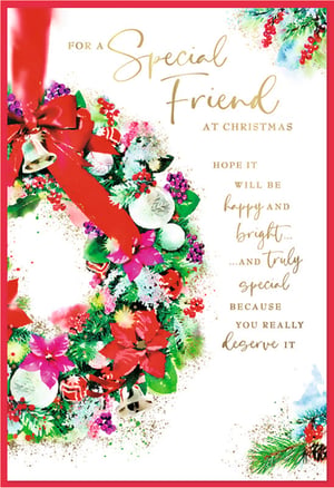 Celebrate the festive season with our beautiful 'Friend Female' Christmas card from Simon Elvin. This delightful card features a vibrant, watercolour-style Christmas wreath, adorned with classic red poinsettias, festive berries, sparkling baubles, and charming bells, all tied with an elegant red bow. The design is enhanced with a touch of glitter, adding a truly magical feel.
The heartfelt message inside wishes a 'Special Friend' a Christmas that is 'happy AND bright... ...AND Truly Special BECAUSE YOU REALLY deserve IT'. Perfect for showing appreciation to those cherished female friends. Available in a convenient pack of 6, these cards are a wonderful addition to any festive collection, ready to bring joy to your customers.