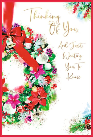 Share heartfelt sentiments this festive season with our charming 'Thinking Of You' Christmas cards from Simon Elvin. This beautiful design showcases a vibrant, watercolour-style wreath, richly adorned with classic red ribbons, delicate bells, and an array of colourful baubles. Elegant red and pink poinsettias, frosted green foliage, and subtle gold accents create a truly inviting scene. The warm message, "Thinking Of You And Just Wanting You To Know," is ideal for conveying special wishes during the holidays. Available in a convenient pack of 6, these cards are a lovely choice for your seasonal collection.