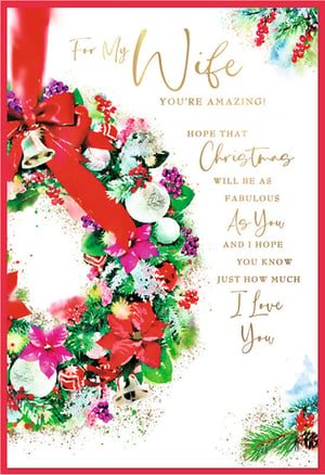 Make her Christmas truly special with this gorgeous 'Wife' Christmas card from Simon Elvin. Adorned with a vibrant, sparkling wreath featuring classic red poinsettias, festive baubles, and delicate bells, this card is a beautiful way to express your love. The heartfelt message inside wishes your amazing wife a Christmas as fabulous as she is, and reminds her just how much you cherish her. It's the perfect choice to convey your deepest affection this festive season. Available in a convenient pack of 6, ensuring you have plenty of stock for your customers.