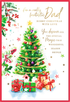 Celebrate your amazing Dad this Christmas with this beautiful card from Simon Elvin. The festive design features a vibrant Christmas tree, richly decorated with colourful baubles and golden tinsel, topped with a shining star. At its base, a pile of beautifully wrapped presents adds to the holiday cheer, all set against a backdrop of sparkling stars and traditional holly. The heartfelt message on the front reads: 'for a really fantastic Dad, Merry Christmas with love. You deserve all the special magic this wonderful season brings.' This lovely card perfectly captures the joy and wonder of the season. Available in a convenient pack of 6, ensuring you're ready to share the festive spirit.
