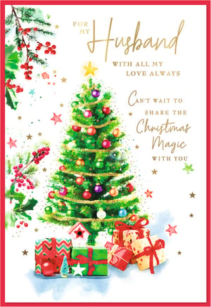 Make this Christmas extra special with our beautiful 'Husband' Christmas card from Simon Elvin. This enchanting design features a vibrant, decorated Christmas tree, sparkling with colourful baubles and golden tinsel, surrounded by festive presents and delicate holly. The heartfelt message, "FOR MY Husband WITH ALL MY LOVE ALWAYS Can't wait to SHARE THE Christmas Magic WITH YOU," perfectly captures the warmth and love of the season.
Ideal for retailers, this exquisite card offers a truly sentimental option for customers looking to express their affection. Available in a convenient wholesale pack of 6, ensuring you're well-stocked for the holiday rush. A wonderful choice to help your customers share the magic of Christmas with their beloved husbands.